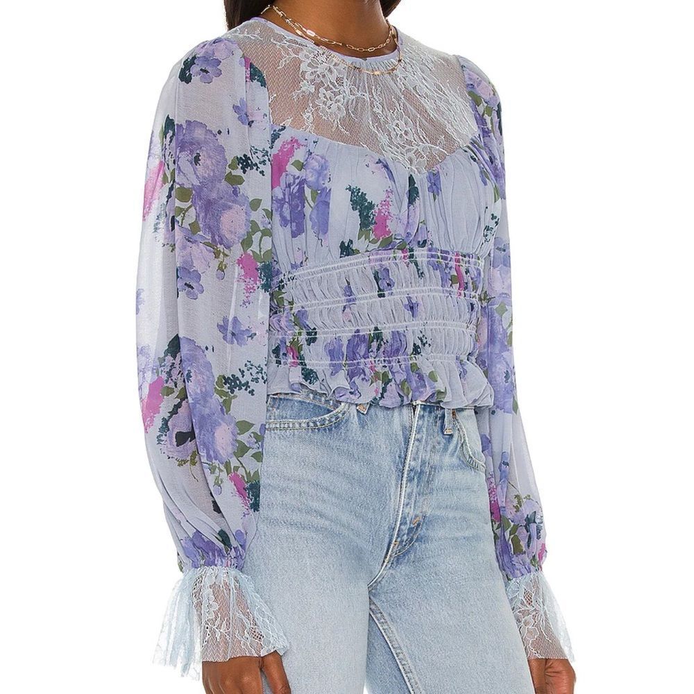 Free People Daphne Blouse Top long sleeve lace Silver Blue Como NWT $128